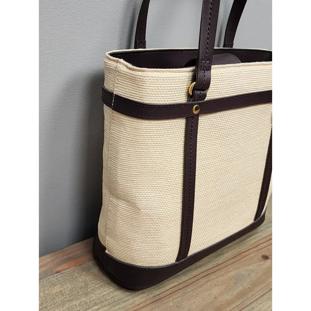 Vintage Etienne Aigner Brown Handbag Woven Basket fabric trim Leather Handbag